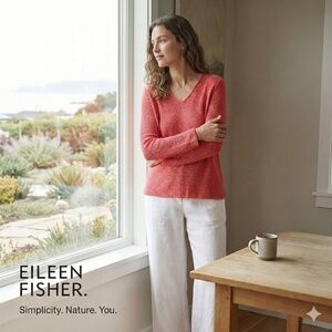 Eileen Fisher 100% Silk Open Knit V-Neck Sweater Coral Petite XL